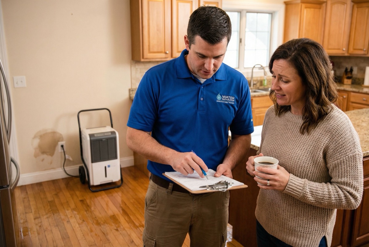 Water damage restoration specialist explaining repair plan to homeowner