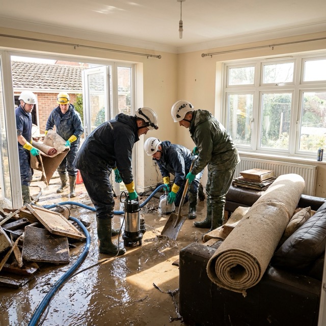 flood damage cleanup Ohio - professional crew removing floodwater and debris from home