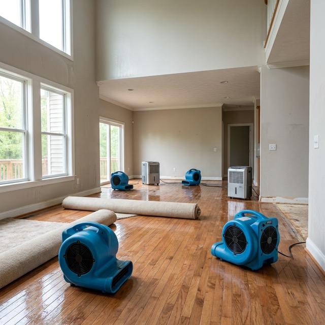 commercial dehumidifiers and air movers drying water-damaged room in Oklahoma home