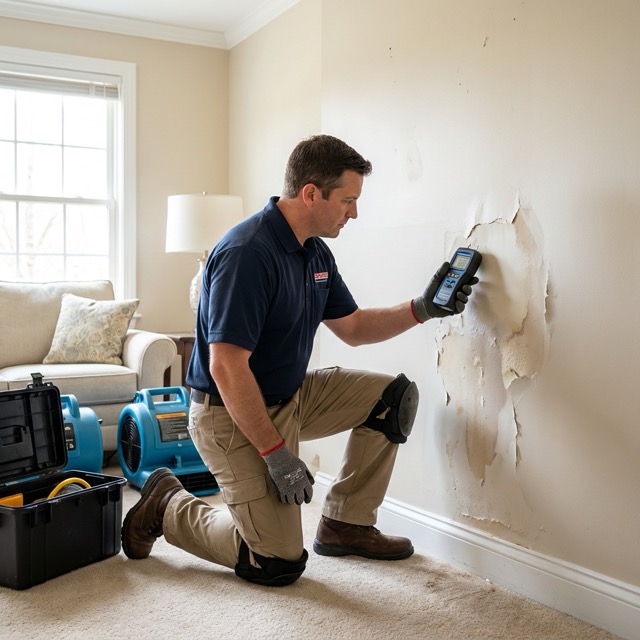 restoration technician using moisture meter on water-damaged drywall in Oklahoma property