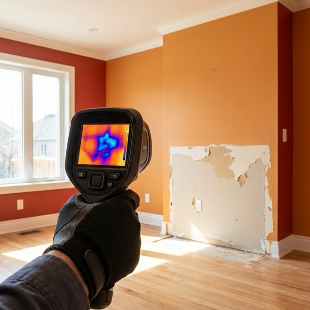 thermal imaging camera detecting hidden moisture in Oklahoma home wall cavity after water damage